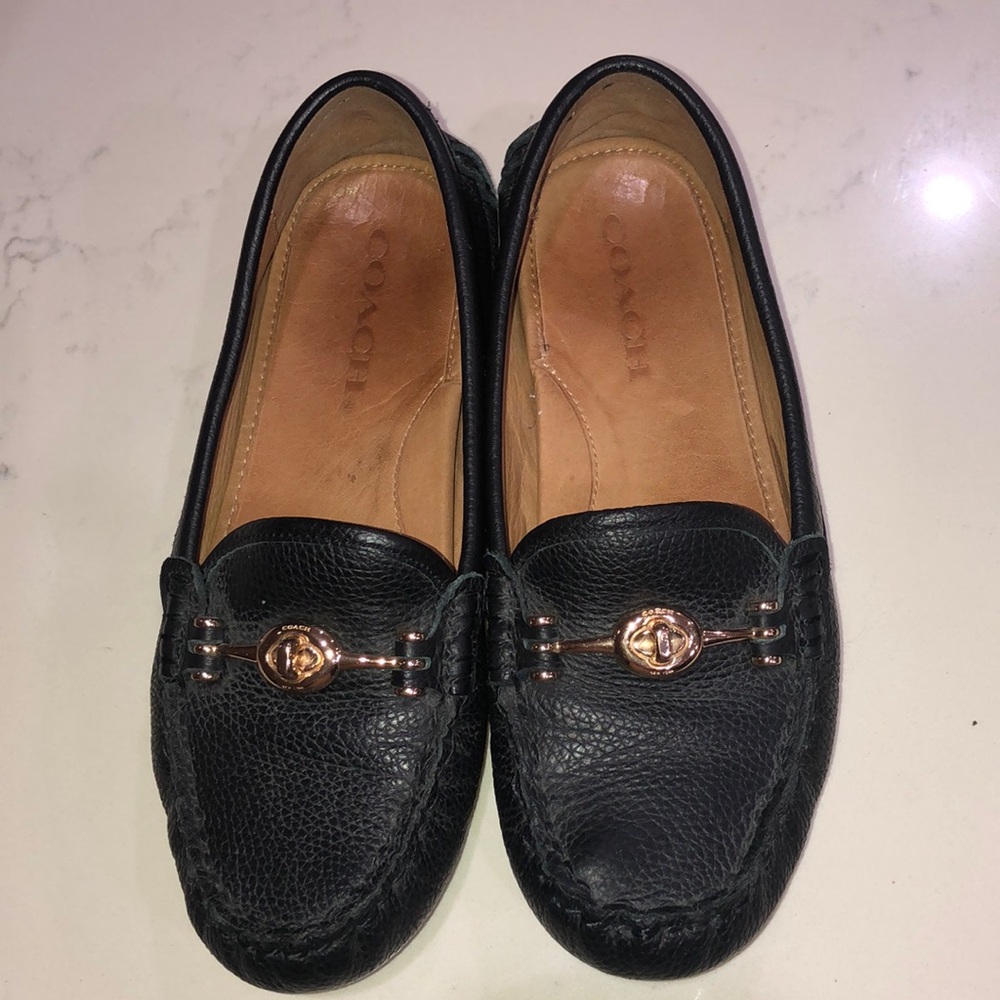 COACH Arlene Loafers Moccasins Driving Shoes Black Leather Gold Tone Buckle